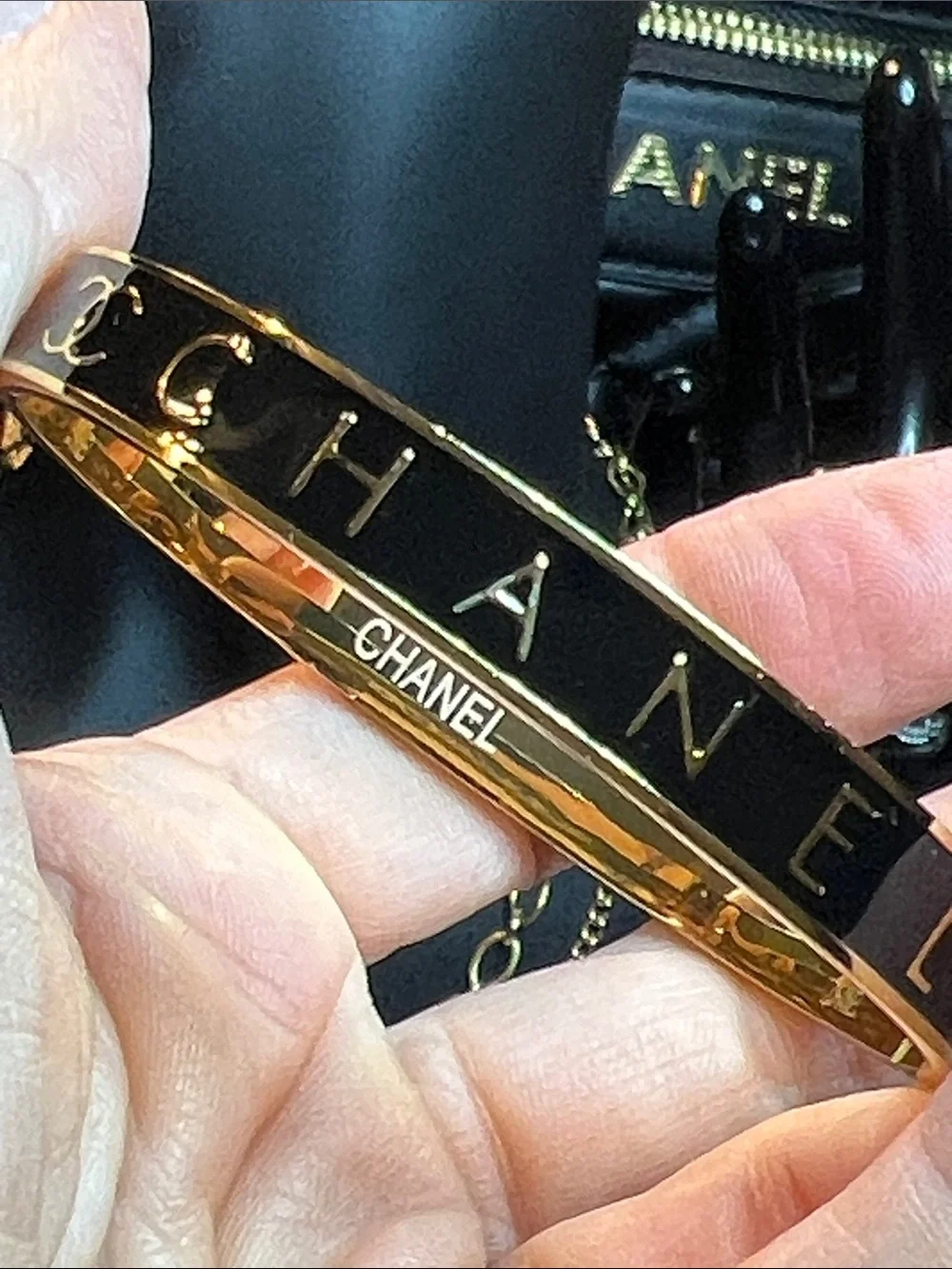 Black and Gold Enamel Logo Bangle Bracelet - Women's Watch Accessory